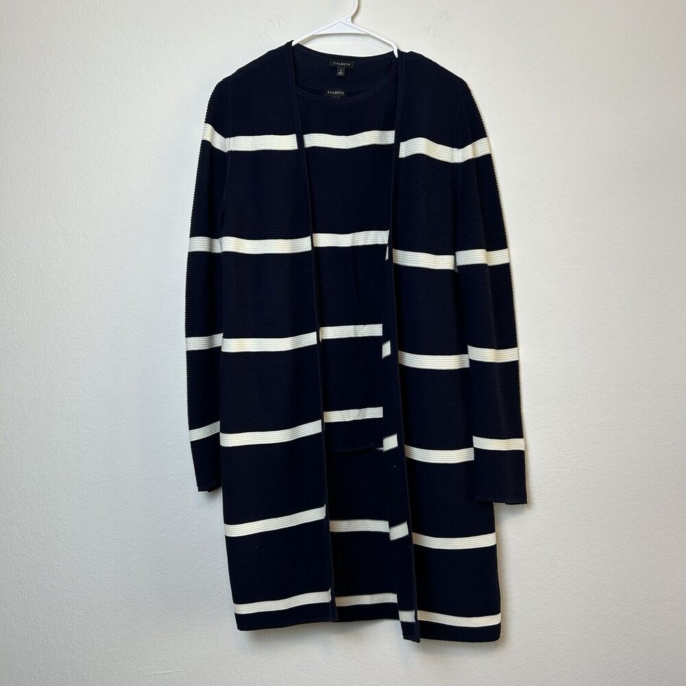 Talbots Cardigan Twin Set Women’s Small Navy Blue White Preppy Classic Nautical